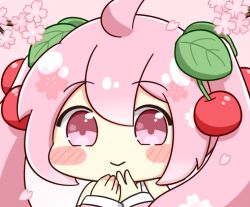  1girl ahoge blush_stickers cherry_blossoms cherry_hair_ornament chibi chibi_only closed_mouth commentary_request double-parted_bangs food-themed_hair_ornament hair_between_eyes hair_ornament hatsune_miku long_hair looking_at_viewer nukotun pink_eyes pink_hair portrait sakura_miku smile solo twintails vocaloid 