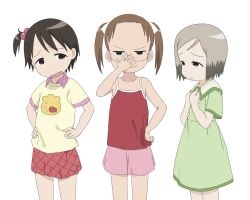  3girls bow brown_hair camisole child cowboy_shot dress fishbowl fishbowl_print forehead glasses green_dress grey_hair hair_bobbles hair_bow hair_ornament hand_on_own_hip hands_on_own_hips highres ichigo_mashimaro itou_chika kzmsi0yhgr41377 matsuoka_miu multiple_girls pink_skirt ponytail red_camisole red_skirt sakuragi_matsuri short_hair short_ponytail short_twintails side_ponytail skirt tareme twintails white_bow 