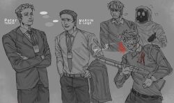  2boys ? ?? backrooms_(creepypasta) belt blood blood_on_chest blood_on_face character_name crossed_arms english_commentary grey_background gun hair_behind_ear hazmat_suit highres holding holding_gun holding_unworn_clothes holding_unworn_jacket holding_weapon id_card jacket looking_ahead looking_at_viewer male_focus marvin_e._leigh monochrome multiple_boys multiple_views necktie peter_tench scared shirt_tucked_in shotgun smile spot_color suit sweater unworn_jacket weapon yesha 