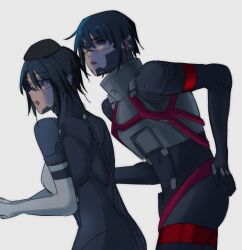 2girls :o android black_hair black_hat blue_eyes blush commentary cowboy_shot english_commentary eule_(signalis) firing hand_on_own_ass hat highres leaning_forward looking_at_another multiple_girls open_mouth red_pupils signalis simple_background skin_seams standing star_(signalis) the_quipper white_background 
