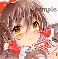  1girl asebi blush bow brown_eyes brown_hair closed_mouth commentary_request frilled_bow frilled_hair_tubes frills hair_bow hair_tubes hakurei_reimu highres holding holding_ofuda long_hair looking_at_viewer ofuda portrait red_bow sample_watermark smile solo touhou traditional_media watermark 