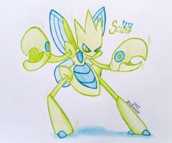  artist_name commentary dated english_commentary full_body insect_wings limited_palette pincers pokedex_number pokemon pokemon_(creature) pokemon_focus scizor solo standing traditional_media v-shaped_eyes white_background wings zerokirbyarts 