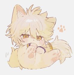  1boy animal animal_ear_fluff animal_ears animal_hands animal_nose animalization antenna_hair blonde_hair bracelet cat cat_ears cat_tail diamond_mouth full_body hair_between_eyes highres honkai:_star_rail honkai_(series) jewelry long_hair_between_eyes looking_at_viewer male_focus open_mouth phainon_(honkai:_star_rail) phainon_(khaslana)_(honkai:_star_rail) rh1_bdt short_hair simple_background solo tail white_background yellow_eyes yellow_fur 