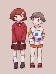  1boy 1girl aged_down amada_ken ball brown_eyes brown_hair brown_shoes commentary full_body hair_ornament highres megami_tensei mufksin persona persona_3 persona_3_portable rabbit_hair_ornament red_eyes red_hair shiomi_kotone shoes simple_background soccer_ball socks untranslatable_commentary white_socks 