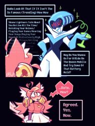  2girls absurdres ahoge ahoge_wag animal_ear_fluff animal_ears batsnake_113 bell blue_gloves blue_lips blush cat_ears cat_girl commentary cup deltarune english_commentary english_text expressive_hair fang gloves hair_bell hair_ornament heart highres holding holding_cup long_hair mad_mew_mew mole mole_under_eye multiple_girls open_mouth pink_hair queen_(deltarune) signature smile stiff_tail twintails utdr_(toby_fox) yuri 
