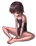  1girl arm_support barefoot blue_swimsuit brown_eyes brown_hair butterfly_sitting child collarbone embarrassed feet_together one-piece_swimsuit original ranma_(kamenrideroz) simple_background solo swimsuit thighs white_background 
