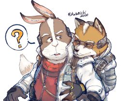  2boys ? absurdres animal_ears artist_name brown_fur commentary_request fox_boy fox_ears fox_tail furry furry_male highres james_mccloud katamichi_miharu looking_at_another male_focus multiple_boys peppy_hare rabbit_boy rabbit_ears speech_bubble spoken_question_mark star_fox star_fox_(2026) sweatdrop tail twitter_username white_background 