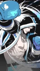  1boy abs absurdres arms_up bare_pectorals belt black_background black_belt black_shirt blue_eyes blue_gloves boxing_gloves boxing_shorts chain chain_necklace closed_mouth commentary_request cowboy_shot gloves highres hood hood_up hooded_shirt jewelry korean_commentary looking_at_viewer male_focus necklace open_clothes open_shirt outstretched_arm pectorals punching shiro_kun05 shirt shorts smile solo steve_fox tekken 
