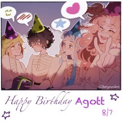  4girls agott_arklaum_(tongari_boushi_no_atelier) berrymundane black_hair blue_eyes blue_hair blush box closed_eyes closed_mouth coco_(tongari_boushi_no_atelier) commentary dated dress english_commentary english_text gift gift_box green_eyes green_hair happy_birthday hat heart highres holding holding_gift laughing long_hair looking_at_another medium_hair multiple_girls party_hat pink_hair richeh_(tongari_boushi_no_atelier) short_hair smile spoken_blush spoken_heart spoken_star star_(symbol) tetia_(tongari_boushi_no_atelier) tongari_boushi_no_atelier very_long_hair violet_eyes white_dress 