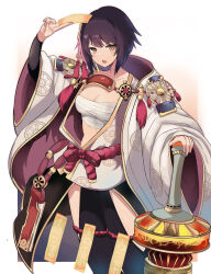  1girl chest_sarashi coat earrings highres holding holding_ofuda japanese_clothes jewelry kimono koshian_(taiyaki) midriff multicolored_hair navel ofuda open_mouth orange_eyes pink_hair puzzle_&amp;_dragons sarashi seina_(p&amp;d) short_hair solo standing streaked_hair two-tone_hair weapon white_coat 