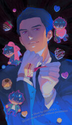  ayabe_kazuya black_hair black_jacket black_necktie cake candy chibi chibi_inset chocolate collared_shirt facial_hair food fork formal_clothes gloves green_jacket hair_slicked_back heart heart-shaped_chocolate heart-shaped_food holding holding_fork jacket judge_eyes kuroiwa_mitsuru looking_at_another looking_at_viewer mature_male multiple_boys multiple_views necktie ohprcr pants pink_ribbon ribbon ryuu_ga_gotoku_(series) shirt stubble sweatdrop white_gloves white_shirt 