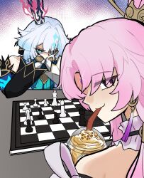  asymmetrical_sleeves bishop_(chess) bubble_tea cerydra_(honkai:_star_rail) chess_piece chessboard choikfu commentary dog_playing_chess_(meme) elbows_on_table english_commentary fire frustrated fu_xuan_(honkai:_star_rail) hands_on_own_face highres honkai:_star_rail honkai_(series) king_(chess) knight_(chess) meme mismatched_sleeves pawn_(chess) pink_eyes pink_hair playing_chess queen_(chess) red_fire smug white_hair 
