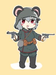  1girl alternate_costume animal_ears belt_pouch blush boots coat commentary_request cookie_(touhou) ears_through_headwear full_body grey_boots grey_coat grey_hair grey_pants gun handgun helmet holding holding_gun holding_weapon kakishiro long_sleeves looking_at_viewer luger_p08 military_uniform mouse_ears mouse_girl nazrin nyon_(cookie) open_mouth pants pouch red_eyes short_hair simple_background smile solo standing touhou weapon yellow_background 
