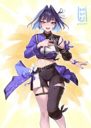  1girl :d absurdres asymmetrical_clothes asymmetrical_sleeves black_pants black_sleeves blue_eyes blue_hair blue_shirt bow bow_earrings breasts center_frills collared_shirt colored_inner_hair commentary cowboy_shot cropped_shirt detached_sleeves earrings english_commentary frills hair_flaps hair_intakes hair_ribbon hand_on_own_chest highres hololive hololive_english hololive_idol_uniform_(color_rise) idol_clothes jewelry large_breasts looking_at_viewer midriff mismatched_sleeves multicolored_hair multicolored_shirt navel official_alternate_costume open_mouth ouro_kronii padoruu pants puffy_detached_sleeves puffy_short_sleeves puffy_sleeves ribbon shirt short_hair short_sleeves single_detached_sleeve single_pantsleg single_sleeve smile solo thigh_strap virtual_youtuber white_shirt 