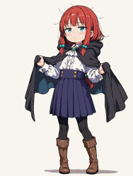  1girl black_cloak black_pantyhose blue_eyes blue_skirt blush boots brown_boots cloak cloak_lift collared_shirt commentary_request full_body hair_bobbles hair_ornament highres hood hood_down hooded_cloak long_sleeves original pantyhose pleated_skirt red_hair shirt shirt_tucked_in simple_background skirt solo standing white_background white_shirt yuuji_overall 