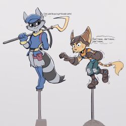  2boys animal_ears balancing blue_hat blue_shirt cane closed_mouth crossover english_commentary english_text grey_fur hat highres holding holding_cane lombax looking_at_another multiple_boys over_shoulder raccoon_boy raccoon_ears raccoon_tail ratchet_&amp;_clank ratchet_(ratchet_&amp;_clank) shirt sketch_soft10 sly_cooper sly_cooper_(series) smile speech_bubble standing standing_on_one_leg striped_fur tail thought_bubble trembling weapon weapon_over_shoulder yellow_fur 