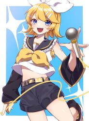  1girl belt black_sailor_collar black_shorts black_sleeves blonde_hair blue_eyes bow breasts commentary_request detached_sleeves hair_bow hair_ornament hairclip highres holding holding_microphone kagamine_rin looking_at_viewer microphone neckerchief number_tattoo open_mouth parallel_hairclips sailor_collar shirt short_hair shorts sleeveless sleeveless_shirt small_breasts soramame_pikuto tattoo vocaloid white_bow white_shirt yellow_belt yellow_nails yellow_neckerchief yellow_trim 