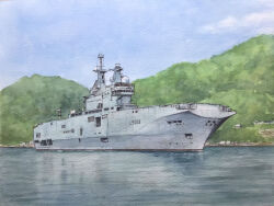  amphibious_assault_ship atelier_bono clouds commentary_request french_navy highres mast military military_vehicle mistral mistral_(l9013) no_humans ocean original outdoors painting_(medium) revision ship sky traditional_media vehicle_focus warship watercolor_(medium) watercraft 