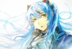  1girl animal_ear_hairband animal_ears ao_no_kiseki artist_name blue_hair cat_ear_hairband cat_ears chest_guard crossed_bangs double-parted_bangs eiyuu_densetsu fake_animal_ears ffuald1013 floating_hair hair_between_eyes hairband high_collar highres long_hair long_sidelocks painterly portrait sidelocks sideways_glance signature simple_background solo tio_plato twintails white_background yellow_eyes zero_no_kiseki 
