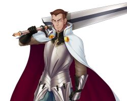  1boy alfred_jester armor beard black_gloves brown_hair cape closed_mouth facial_hair frown game_asset gauntlets gloves holding holding_sword holding_weapon large_variant_set looking_at_viewer male_focus non-web_source official_art over_shoulder self-datamine simple_background solo sword sword_over_shoulder tachi-e taima_seikou_alice transparent_background variant_set weapon weapon_over_shoulder yellow_eyes zol 
