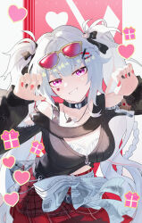  1girl absurdres aki_maple arms_up bare_shoulders black_choker black_shirt blunt_bangs blush bow braid breasts choker commentary_request cowboy_shot facial_mark hair_ornament head_tilt heart heart_facial_mark highres honkai:_star_rail honkai_(series) jewelry leaning_forward long_sleeves looking_at_viewer mata_hari_(fate) medium_breasts miniskirt multicolored_nails necklace official_alternate_costume official_alternate_hairstyle parted_lips partial_commentary paw_pose pink_eyes red_skirt shirt sidelocks simple_background skirt solo sparkle_(honkai:_star_rail) sparxie_(candy-coated_waves)_(honkai:_star_rail) sparxie_(honkai:_star_rail) standing twintails two_side_up x_hair_ornament 
