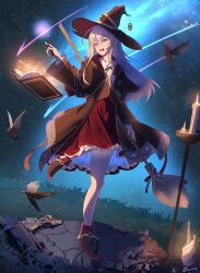  1girl absurdres blue_eyes blush broom cape collared_shirt commentary_request elaina_(majo_no_tabitabi) full_body gold_trim grey_hair gruisin hair_between_eyes hat heart heart_hands highres holding holding_broom holding_wand long_hair looking_at_viewer majo_no_tabitabi night outdoors red_cape shirt sky smile solo star_(sky) starry_sky wand white_shirt witch_hat 