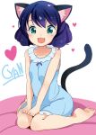  1girl animal_ears barefoot blush cat_ears cat_tail character_name cyan_(show_by_rock!!) fuyuno_mikan green_eyes heart highres open_mouth show_by_rock!! sitting smile solo tail wariza 