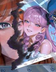  2girls artist_name black_bow blue_eyes blue_hair blush bow breasts cheek-to-cheek colored_inner_hair commentary denia_(wuthering_waves) english_commentary hair_bow heads_together highres iricity long_hair looking_at_viewer multicolored_hair multiple_girls orange_hair parted_lips photo_(object) pink_hair sigrika_(wuthering_waves) small_breasts smile tearing_up torn_photo upper_body wuthering_waves 