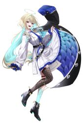  0221_mirai 1girl :d ahoge ankle_boots aqua_hair arm_at_side belt belt_buckle black_belt black_boots black_coat black_gloves black_thighhighs blonde_hair blue_coat blue_necktie boots buckle buttons call_of_cthulhu centipede_tattoo coat coat_on_shoulders collared_coat colored_inner_hair commentary cross cross_earrings cuff_links double-breasted earrings fishnet_thighhighs fishnets floating_clothes floral_print fork frilled_skirt frilled_sleeves frills from_side full_body gloves godarca hair_between_eyes hair_intakes high_heel_boots high_heels highres holding_own_skirt huge_ahoge jellyfish_cut jewelry leg_tattoo long_hair long_sleeves looking_at_viewer military_uniform miniskirt multicolored_hair necktie padded_coat partially_fingerless_gloves pleated_skirt red_eyes rika_watson rose_print sidelocks simple_background single_earring single_glove single_thighhigh skirt sleeves_past_wrists smile solo standing table_knife tattoo teeth thigh-highs thigh_strap two-sided_coat two-sided_fabric upper_teeth_only very_long_hair white_background white_coat white_skirt 