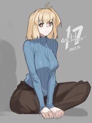  1girl 2025 absurdres antenna_hair aozaki_aoko arcueid_brunestud blonde_hair blue_sweater breasts brown_skirt crossed_legs dated full_body grey_background hair_intakes highres indian_style invisible_floor jonyeld large_breasts long_skirt looking_at_viewer lotus_position medium_hair on_floor red_eyes ribbed_sweater shadow simple_background sitting skirt smile solo sweater tsukihime turtleneck turtleneck_sweater 