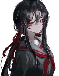  1girl alternate_costume alternate_hairstyle artist_request black_hair black_serafuku black_shirt breasts chinese_commentary closed_mouth contemporary genderswap genderswap_(mtf) grandmaster_of_demonic_cultivation hair_between_eyes hair_ribbon long_hair looking_at_viewer low_twintails medium_breasts neckerchief red_eyes red_neckerchief red_ribbon ribbon sailor_collar school_uniform second-party_source serafuku shirt sidelocks simple_background sketch solo twintails upper_body wei_wuxian white_background 