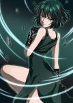  1girl absurdres bare_legs black_dress dress from_behind fubuki_(one-punch_man) gloves green_eyes green_hair highres lace lace_gloves looking_back one-punch_man sharumon short_hair side_slit smile solo 