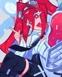  1girl black_necktie bottle chiy037 coat colored_eyelashes cookie_run cookie_run:_kingdom goggles goggles_on_head halo highres lab_coat necktie open_mouth povidone-iodine_cookie red_eyes red_hair red_halo solo star-shaped_pupils star_(symbol) surgical_light symbol-shaped_pupils twintails white_coat white_eyelashes 