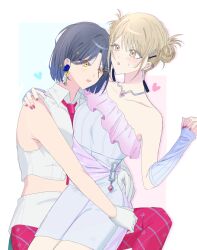  12_5_5 2girls alternate_hairstyle azusawa_kohane bare_arms black_hair blue_background blue_hair brown_hair collared_shirt commentary detached_sleeves double_bun dress earrings gloves gradient_hair hair_bun hair_ornament heart highres hug jewelry multicolored_hair multiple_girls necklace orange_eyes pants pink_background pink_nails pink_pants project_sekai shiraishi_an shirt sitting sitting_on_lap sitting_on_person sleeveless sleeveless_shirt star_(symbol) star_hair_ornament white_background white_dress white_gloves white_shirt yuri 