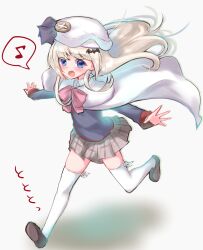  :d bat_hair_ornament beret black_jacket blue_eyes blush bow bowtie brown_shoes cape commentary_request floating_cape floating_hair full_body gattengou grey_hair grey_skirt hair_ornament hat highres jacket little_busters! little_busters!_school_uniform long_hair long_sleeves looking_ahead miniskirt musical_note noumi_kudryavka open_mouth outstretched_arms outstretched_hand pink_bow pink_bowtie plaid_clothes plaid_skirt pleated_skirt running school_uniform shoes sidelocks simple_background skirt smile sound_effects speech_bubble spoken_musical_note thigh-highs very_long_hair white_background white_cape white_hat white_thighhighs zettai_ryouiki 