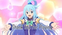  1girl :d aqua_(konosuba) bare_shoulders blue_choker blue_eyes blue_gem blue_hair blue_shirt blush bow bowtie breasts brooch bubble_background choker detached_sleeves english_text frilled_choker frills game_asset gem gradient_background green_bow green_bowtie hair_ornament hair_rings highres jewelry kono_subarashii_sekai_ni_shukufuku_wo! kono_subarashii_sekai_ni_shukufuku_wo!_kono_yokubukai_game_ni_shinpan_o! long_hair looking_at_viewer medium_breasts non-web_source official_art open_mouth orange_background outstretched_arms pink_background reaching reaching_towards_viewer self-datamine shirt single_hair_ring sleeveless sleeveless_shirt smile solo sparkle sphere_hair_ornament standing thank_you two-tone_background upper_body very_long_hair white_sleeves 