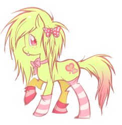  animal_focus blonde_hair bow bowtie cutie_mark freckles hatsunekaname highres horse no_humans original pink_bow pink_bowtie pink_eyes polka_dot polka_dot_bow pony_(animal) simple_background socks solo striped_clothes striped_socks tongue tongue_out white_background yellow_fur yellow_tail 