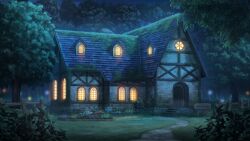  absurdres artist_request blue_flower controller door fence flower forest game_controller grass highres house kirisame_magic_shop moss nature night no_humans non-web_source outdoors purple_flower red_flower scenery shade sign stairs telescope third-party_source touhou touhou_spell_carnival tree window window_light wooden_fence yellow_flower 