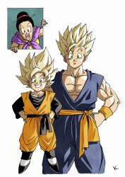  1girl 2boys black_hair black_undershirt blonde_hair blue_dougi brothers chi-chi_(dragon_ball) closed_mouth collarbone commentary_request dougi dragon_ball dragon_ball_z green_eyes grin hair_bun hands_on_own_hips highres kakeru_(dbskakeru) looking_at_viewer mother_and_child mother_and_son multiple_boys muscular muscular_male open_mouth orange_dougi parent_and_child pectorals siblings signature simple_background smile son_gohan son_goten spiky_hair straight-on super_saiyan super_saiyan_1 white_background wristband 