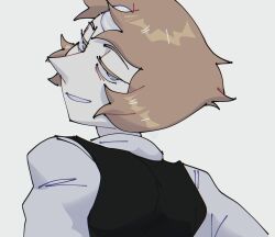  1girl bags_under_eyes black_vest collared_shirt colored_eyelashes fake_doe highres looking_at_viewer official_alternate_costume orange_hair pearl_(steven_universe) shirt short_hair sketch smile solo steven_universe vest white_background white_shirt 