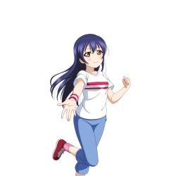  1girl anime_coloring aqua_pants blue_hair blush breasts clenched_hand closed_mouth collarbone dot_nose foot_out_of_frame hair_between_eyes hand_up long_hair looking_at_viewer loose_socks love_live! love_live!_school_idol_festival love_live!_school_idol_project medium_breasts official_art open_hand outstretched_hand palms pants pink_socks reaching reaching_towards_viewer red_shoes running shirt shoes short_sleeves smile socks solo sonoda_umi sonoda_umi_(summer_training_wear) spread_fingers standing standing_on_one_leg t-shirt transparent_background white_shirt wristband yellow_eyes 