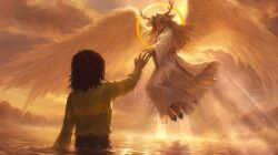  1girl 1other angel angel_wings animal_ears antlers aswn00 blonde_hair commentary deer_antlers deer_ears deer_girl deltarune english_commentary furry furry_female green_sweater halo halo_behind_head highres horns kris_(deltarune) light_rays long_hair medium_hair noelle_holiday noelle_holiday_(dark_world) outstretched_arm reaching reaching_towards_another robe sweater utdr_(toby_fox) wading water white_robe wings 