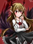  1girl blonde_hair blush dress flat_chest head_wings hebitsukai-san highres long_hair pointy_ears red_eyes shingeki_no_bahamut solo vampy wings 