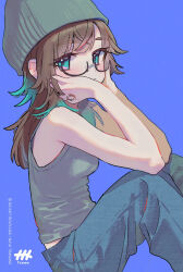  1girl :| artist_logo artist_name bare_arms beanie black-framed_eyewear blue_background blunt_ends breasts brown_hair closed_mouth commentary denim gradient_hair green_eyes green_hair green_hat green_tank_top hands_on_own_cheeks hands_on_own_face hat head_rest highres indie_virtual_youtuber jeans jewelry knees_up logo looking_at_viewer looking_to_the_side multicolored_hair naname_(7name) naname_(vtuber) pants ring self-portrait semi-rimless_eyewear simple_background sitting small_breasts solo tank_top turning_head under-rim_eyewear untranslatable_commentary 