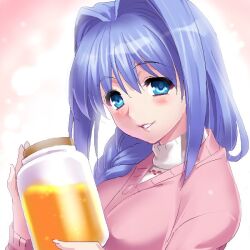  1girl blue_eyes blue_hair blush cardigan commentary_request hair_intakes hands_up holding holding_jar jam jar kanon lips long_hair long_sleeves low_ponytail mature_female minase_akiko oekaki parted_lips ponytail purple_cardigan shirt sidelocks simple_background smile solo turtleneck turtleneck_shirt upper_body white_background white_shirt zen_(kamuro) 