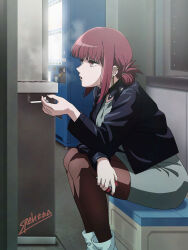  1girl absurdres brown_pantyhose cigarette commentary_request dress ear_piercing earrings highres holding holding_cigarette jacket jewelry leather leather_jacket low-tied_medium_hair pantyhose piercing red_eyes red_hair sidelocks sitting smoking solo spehtea super_no_ura_de_yani_suu_futari tayama_(super_no_ura_de_yani_suu_futari) 