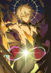  1boy amphoreus_(honkai:_star_rail) armor artist_name asymmetrical_wings black_bodysuit blonde_hair blue_sky bodysuit cape collarbone commentary cowboy_shot cracked_skin dawnmaker_(honkai:_star_rail) gauntlets glitch hair_between_eyes half-closed_eyes halo halo_behind_head hand_up highres holding holding_sword holding_weapon honkai_(series) long_hair_between_eyes looking_at_object looking_down male_focus outdoors pauldrons phainon_(honkai:_star_rail) phainon_(khaslana)_(honkai:_star_rail) short_hair shoulder_armor single_gauntlet single_pauldron sky solo space standing star_(sky) starry_sky sword taosheng teeth untranslatable_commentary waist_cape watermark weapon wings yellow_cape yellow_eyes yellow_halo 