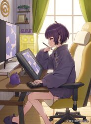  1girl alternate_hair_length_(shorter) black_shorts blush chair closed_mouth commentary_request curtains full_body holding holding_stylus hololive hololive_english jacket long_sleeves looking_to_the_side monitor ninomae_ina'nis ninomae_ina'nis_(loungewear) official_alternate_costume official_alternate_hairstyle official_art plant potted_plant profile puffy_long_sleeves puffy_sleeves purple_hair purple_jacket purple_slippers short_shorts shorts sitting slippers solo stylus swivel_chair takodachi_(ninomae_ina'nis) toma_(norishio) violet_eyes virtual_youtuber window 