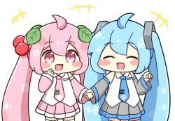  +++ 2girls :d ^_^ ahoge blue_hair blue_necktie blush_stickers cherry_hair_ornament chibi chibi_only closed_eyes commentary_request cowboy_shot detached_sleeves dual_persona food-themed_hair_ornament hair_ornament hatsune_miku holding_hands long_hair multiple_girls necktie nukotun open_mouth pink_eyes pink_hair pink_necktie sakura_miku simple_background smile twintails vocaloid white_background yuki_miku yuki_miku_(2010) 