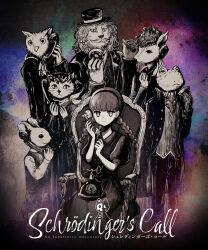  3girls 4boys :3 absurdres achabox ambiguous_gender antique_phone beak black_dress black_pants braid buttoned_cuffs buttons cat_girl chair cigar collar collared_dress colorful_background commentary_request copyright_name deer_girl dress english_text expressionless flower frilled_collar frills frog_boy furry greyscale hands_up hat hat_flower high_collar highres holding holding_cigar holding_phone horizontal_pupils jewelry lion_boy long_hair looking_at_viewer mary_(schrodinger's_call) monochrome mouse_boy multiple_boys multiple_girls multiple_rings no_pupils nostrils official_art on_chair owl_boy pants partially_colored phone promotional_art puffy_short_sleeves puffy_sleeves ring scarf schrodinger's_call shirt short_sleeves shorts sitting sleeve_cuffs slit_pupils smile snout solid_circle_pupils standing tailcoat top_hat twin_braids vest whiskers white_shirt 
